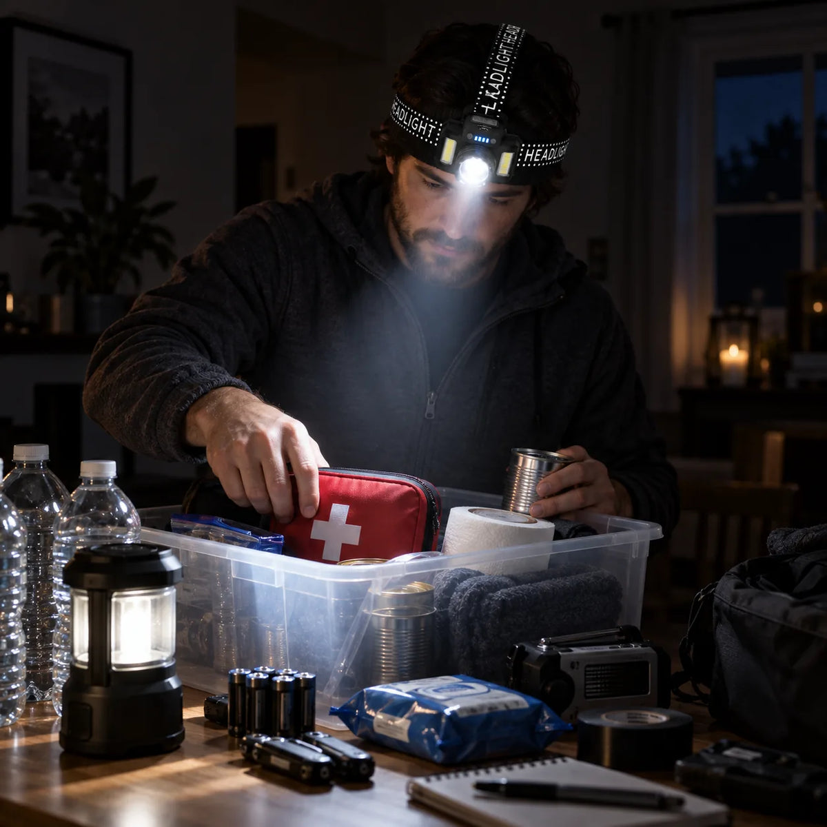 Person using the SKYFIRE 546 headlamp while organizing emergency supplies indoors at night.