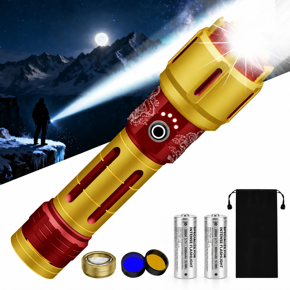 SKYFIRE 2503 2100-lumen rechargeable LED flashlight with adjustable focus and built-in camping light#Color_red Dual Battery