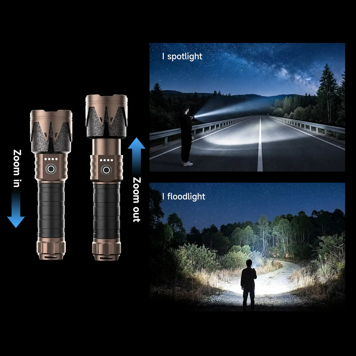 2000J zoomable flashlight with spotlight and floodlight beams