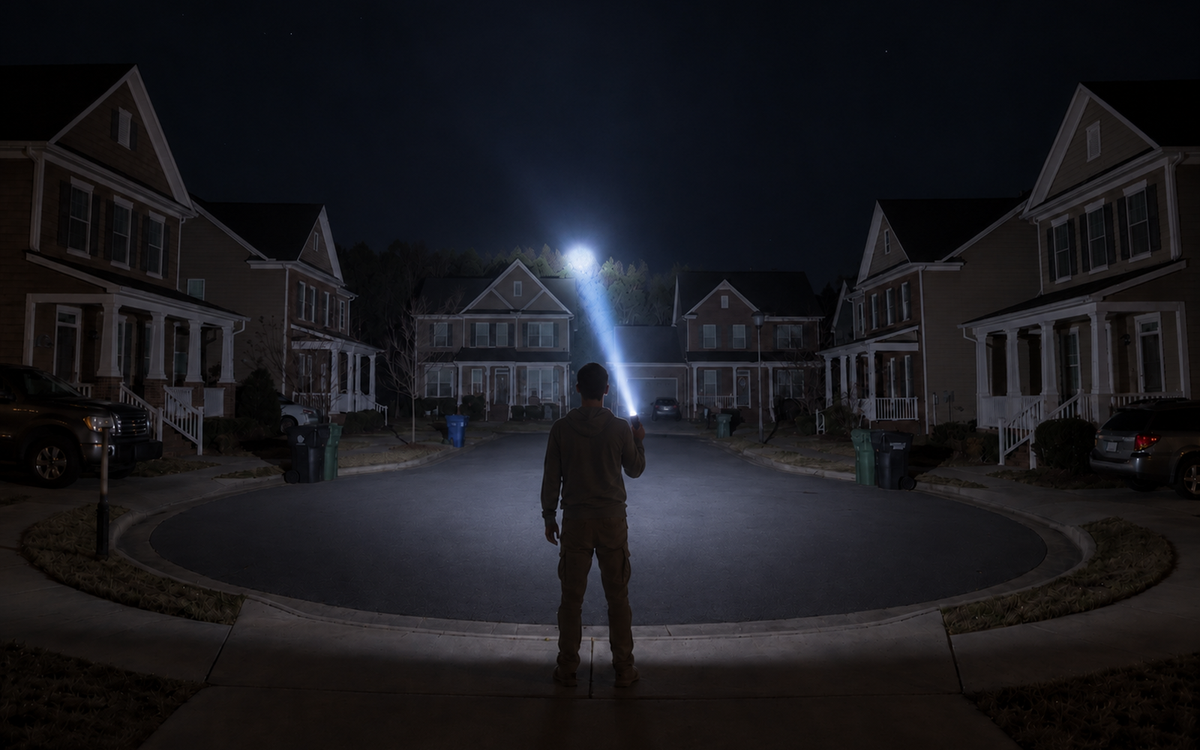 Man using a powerful flashlight spotlight to illuminate a distant rooftop at night