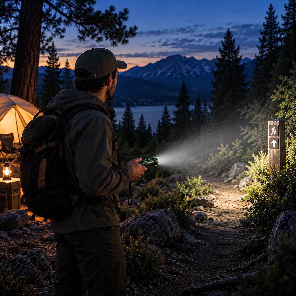 Camper using a SkyFire 1376 flashlight to illuminate a wooded trail beside a lake at dusk