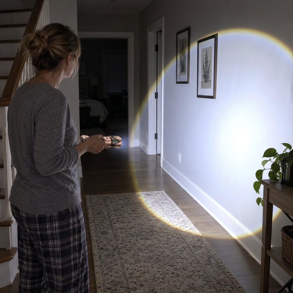 Woman using a flashlight to illuminate a dark hallway during a power outage.
