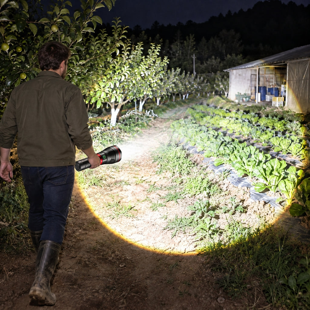 Man using a high-power flashlight to inspect crops and an orchard at night.
