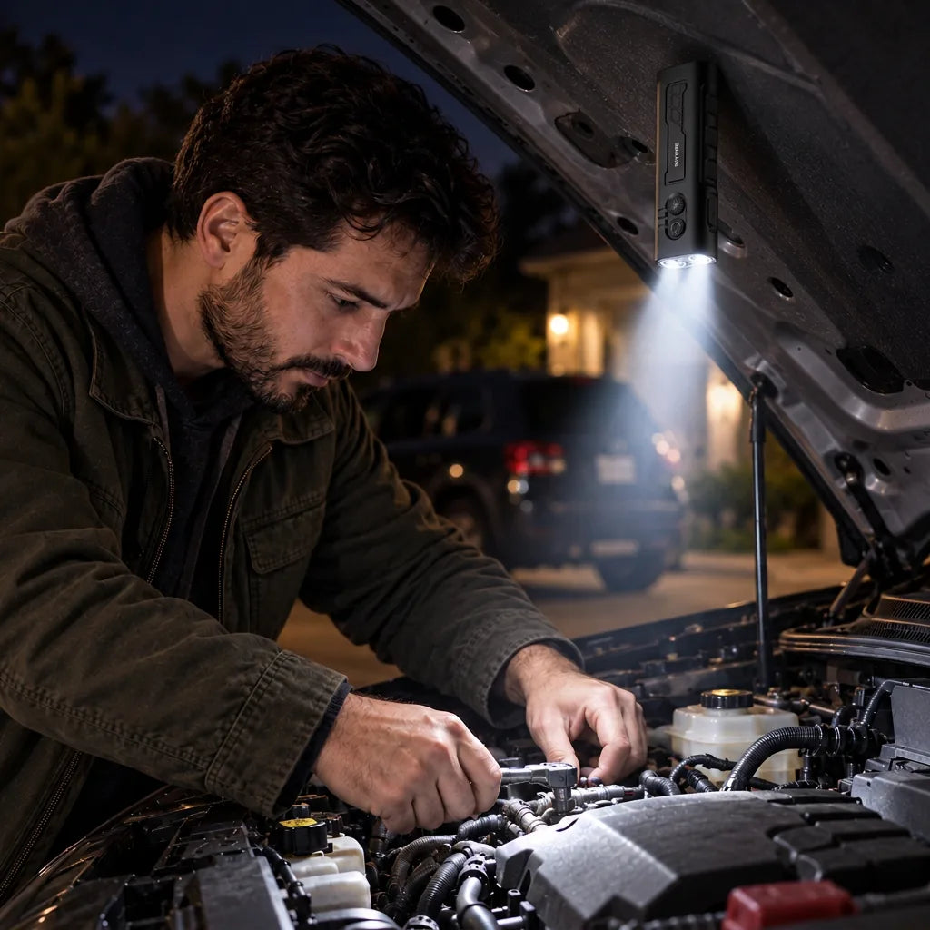 Man repairing a car at night using the SKYFIRE 2024 magnetic work light under the hood