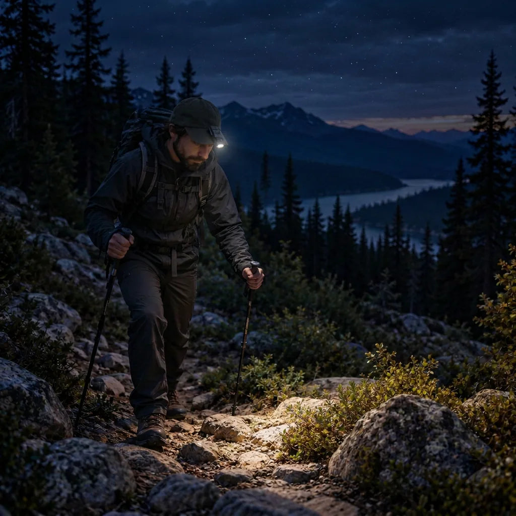 Hiker using the SKYFIRE 2024 cap light on a rocky mountain trail at night