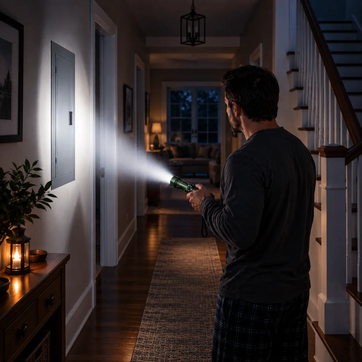 Person using a SkyFire 1376 flashlight to illuminate a dark hallway during a power outage